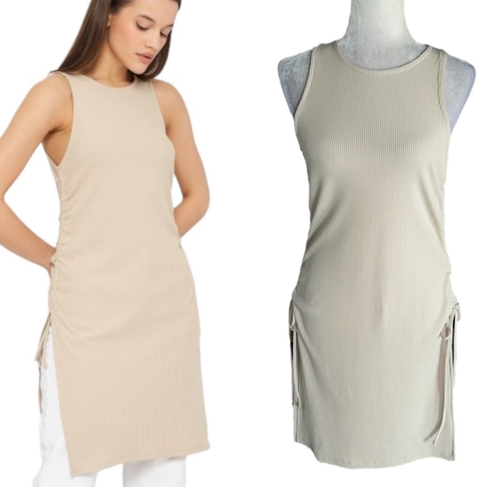 Zara Beige Ribbed Ruched Tie Side Sleeveless Mini Dress Tunic Top - M